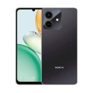 Front and back view of a dark gradient smartphone; front shows a small notch at the top, back has a large circular camera module and the HOMOR logo.
