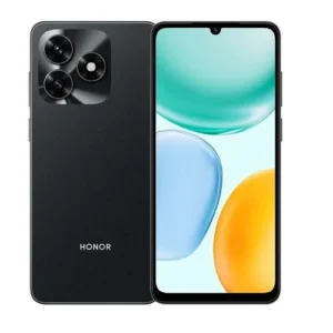 Honor smartphone shown from back and front: black device with a triple-camera square module, and a front display with colorful wallpaper.