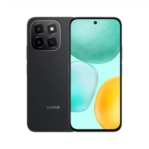 HONOR smartphone displayed from front and back, dark gray body with a quad-camera rear module and edge-to-edge front display.