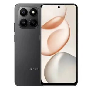 Honor smartphone with a quad-camera rear module and a full-width display showing abstract wallpaper