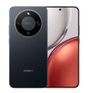 Honor smartphone shown from front and back: edge-to-edge display with a centered punch-hole camera and a large circular rear camera module with the HONOR logo.