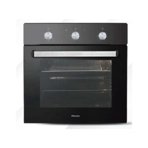 Black Hisense oven with a glass door, stainless handle, and three control dials on the top panel, rack visible inside.