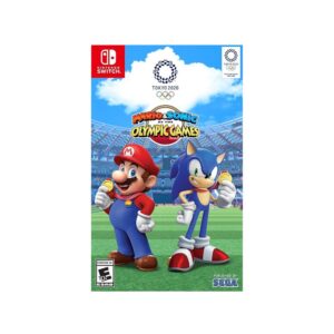 Nintendo Switch game cover for Mario & Sonic at the Olympic Games, showing Mario and Sonic on a football field with Olympic symbols in the sky.