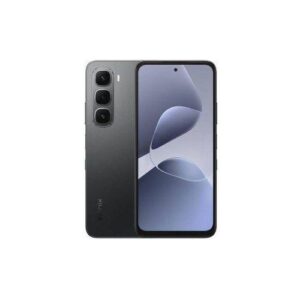 Dark gray smartphone shown from both front and back, featuring a triple-camera rear module on the left and a large edge-to-edge display.