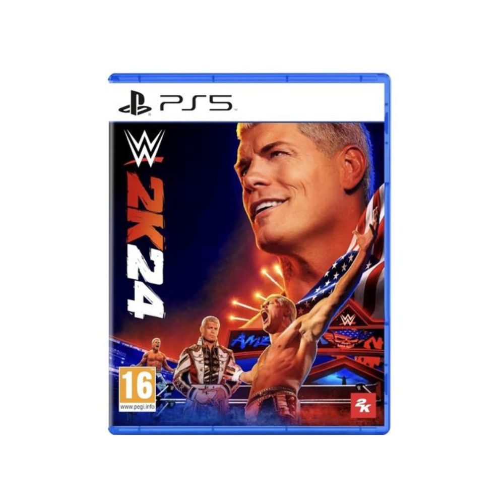 PS5 WWE 2K24 - Smart Hub Kenya PlayStation 5 game cover for WWE 2K24 showing a collage of wrestlers and an American flag motif, with the 16+ rating on the bottom left.