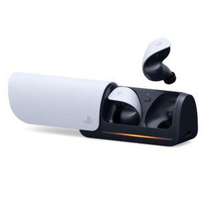 PlayStation Pulse Explore - Smart Hub Kenya White PlayStation wireless earbuds in an open charging case resting on a dark stand, with one earbud hovering nearby and a subtle orange indicator light.