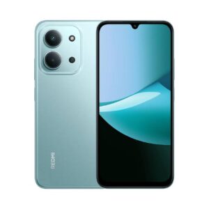Teal Redmi smartphone shown from both sides: back with a triple-camera module and flash, and a front display with a notch and blue gradient wallpaper.
