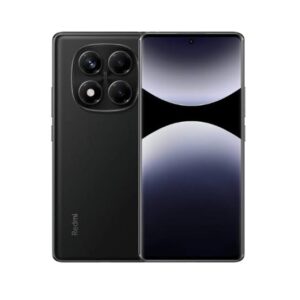 Front and back view of a black Redmi smartphone, featuring a quad-camera rear module and edge-to-edge display.