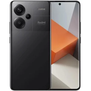 Front and back view of a black Redmi smartphone: back shows triple camera setup and branding, front displays a tall edge-to-edge screen with a centered punch-hole selfie camera.