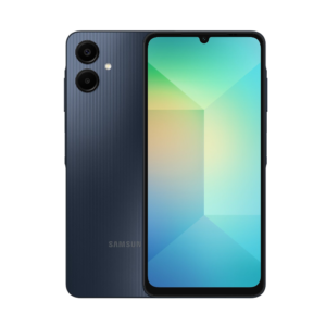 Samsung Galaxy smartphone in blue with textured back, dual rear cameras, and a tall edge-to-edge display showing a colorful wallpaper (front view).