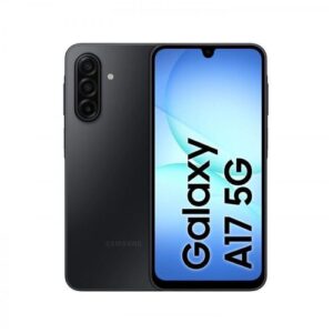 Samsung Galaxy A17 5G in black, back shows triple-camera array and front displays blue wallpaper with 'Galaxy A17 5G' text.