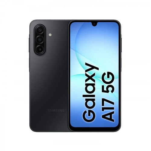 Samsung Galaxy A17 8GB RAM 256GB 5G - Smart Hub Kenya Samsung Galaxy A17 5G in black, back shows triple-camera array and front displays blue wallpaper with 'Galaxy A17 5G' text.