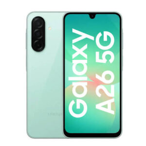 Samsung Galaxy A26 5G smartphone shown from front and back in mint green, with a teardrop notch display and triple camera module on the back.