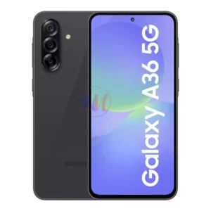 Samsung Galaxy A36 5G smartphone shown from back and front, featuring a triple-camera module on the back and a full-screen front display with the text 'Galaxy A36 5G'