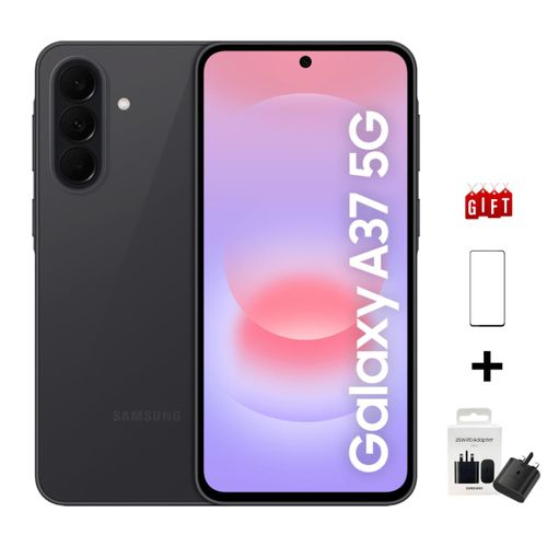 Samsung Galaxy A37 5G 12GB RAM 256GB - Smart Hub Kenya Samsung Galaxy A37 5G smartphone shown from the front and back with accessories, including a gift icon, SIM tool, and a charger bundle.