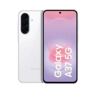 White Samsung Galaxy A37G 5G smartphone shown from front and back, with a pink-purple gradient screen on the front and a triple-camera setup on the back.