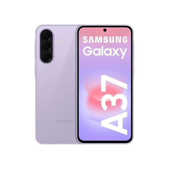 Samsung Galaxy A37 5G 8GB RAM 256GB - Smart Hub Kenya Lavender Samsung Galaxy A37 shown from back and front, featuring a triple-camera module and a bright display.
