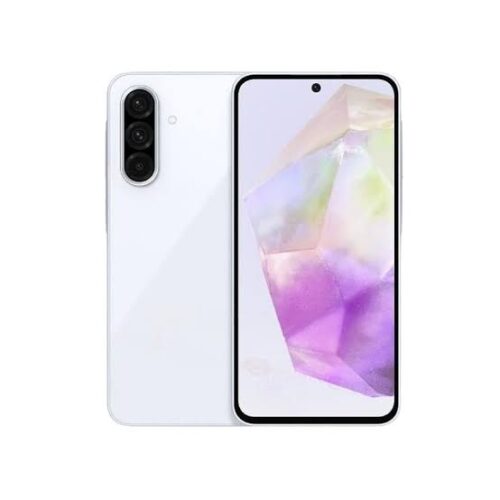 Samsung Galaxy A56 8GB RAM 256GB - Smart Hub Kenya White smartphone shown from back and front, featuring a vertical triple-camera module and edge-to-edge display with a colorful wallpaper on the screen.