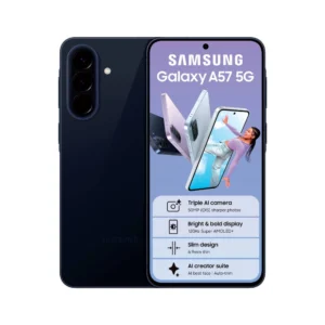 Samsung Galaxy A57 5G phone shown front and back with feature bullets: AI camera, bright display, slim design, AI creator suite.