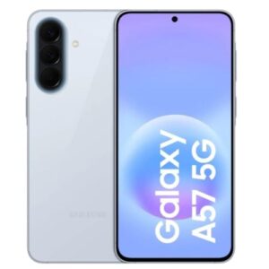 White Samsung Galaxy A57 5G smartphone, back triple-camera setup and edge-to-edge display showing 'Galaxy A57 5G'.