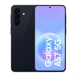 Samsung Galaxy A57 5G smartphone in black, shown from front and back with a triple-camera rear setup and the display reading 'Galaxy A57 5G'