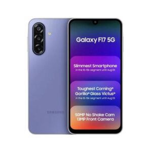 Samsung Galaxy F17 5G smartphone in purple, shown from front and back with a triple-camera rear module