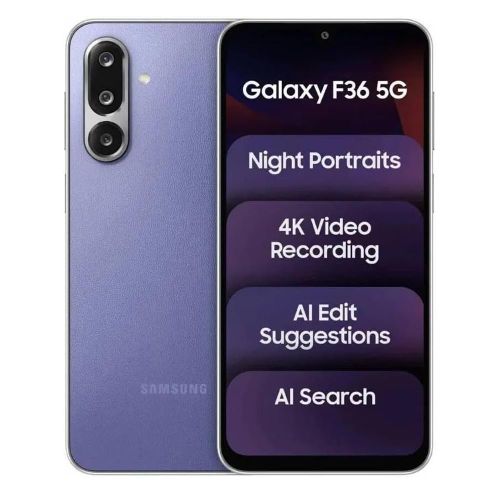 Samsung Galaxy F36 5G 6GB RAM 128GB - Smart Hub Kenya Purple Samsung Galaxy F36 5G front and back, feature panels read Night Portraits, 4K Video Recording, AI Edit Suggestions, AI Search.