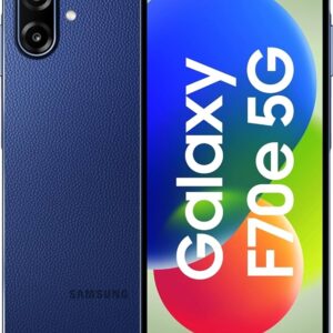 Blue Samsung Galaxy smartphone with a textured back, vertical dual-camera module, and a tall edge-to-edge display showing a colorful wallpaper.