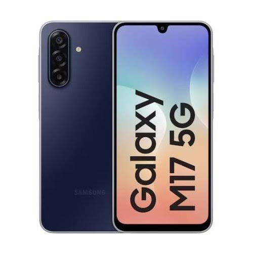 Samsung Galaxy M17 4GB RAM 64GB - Smart Hub Kenya Samsung Galaxy M17G 5G smartphone shown from back and front; navy blue back with triple camera, front display with notch and colorful wallpaper.