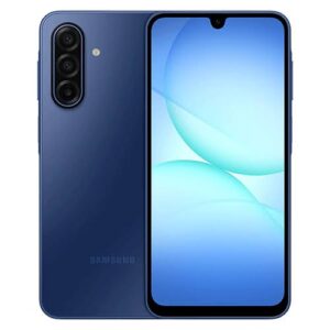 Blue Samsung smartphone shown from both front and back, featuring a vertical triple-camera array on the rear and a nearly edge-to-edge display with a small notch.