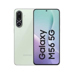 Samsung Galaxy M56 5G smartphone, back in light green with a vertical triple-camera array and a front display with a centered punch-hole camera.