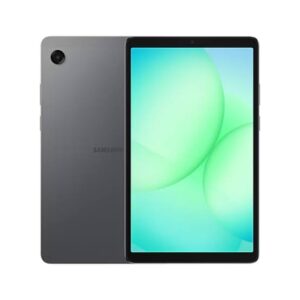 Samsung tablet shown from back and front in gray, with a single rear camera and a bright green wallpaper on the display.