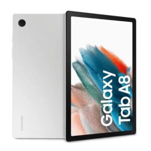 Front and back view of a Samsung Galaxy Tab A8 tablet showing a colorful abstract wallpaper on the screen and a single rear camera on the back.