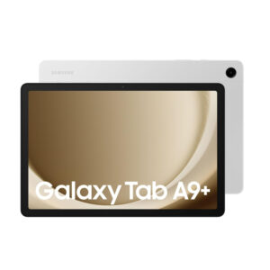 Samsung Galaxy Tab A9+ tablet, white back, front view; screen shows a gold abstract background and the model name.