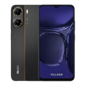 Front and back view of a black smartphone with a textured back, dual rear cameras with gold rings, a vertical yellow stripe, and a large edge-to-edge display showing a purple wallpaper.