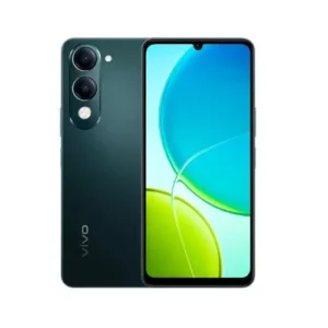 Front and back view of a dark green Vivo smartphone: triple rear cameras stacked vertically and a large edge-to-edge display on the front.