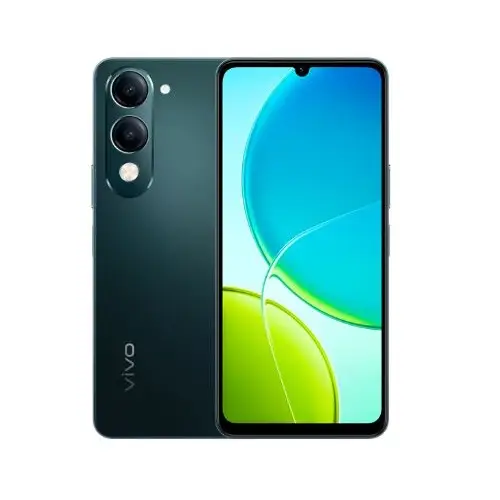 Vivo Y04 4GB RAM 64GB - Smart Hub Kenya Front and back view of a dark green Vivo smartphone: triple rear cameras stacked vertically and a large edge-to-edge display on the front.