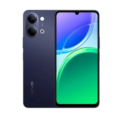 Vivo Y05 4GB RAM 128GB Price in Kenya - Smart Hub Kenya Blue Vivo smartphone shown from back and front, featuring a triple-camera module in the top-left corner and a teardrop notch display with a gradient wallpaper.