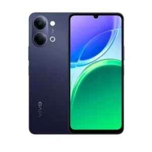 Dark blue Vivo smartphone shown from front and back, featuring a tall display with a notch and a triple-camera module on the back.