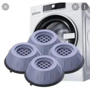 Four purple washing machine lint filters in front of a front-loading washer, ready for replacement.