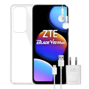 ZTE Blade V8 Max smartphone with a clear case, wired earbuds, USB-C charging cable, and wall charger.