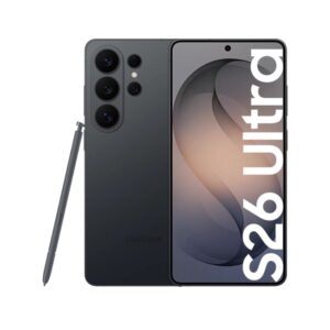 Samsung Galaxy S26 Ultra smartphone with S Pen, shown from back and front with a quad-camera array.