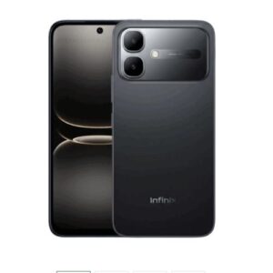 Front and back view of a black Infinix smartphone, showing a glossy back with a dual-camera pill module and a punch-hole front camera on the display