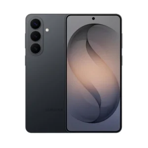 Dark gray Samsung smartphone shown from front and back, with a curved-edge display and a triple-camera module on the back.