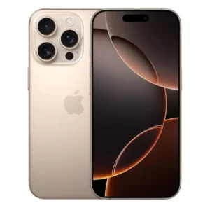 Gold iPhone with triple-camera back and edge-to-edge screen shown from the back-left, Apple logo visible.