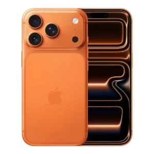 Orange iPhone with triple camera back and front view showing its sleek design.