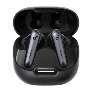 Charging case opened to reveal blue-gray Soundcore wireless earbuds inside the case.
