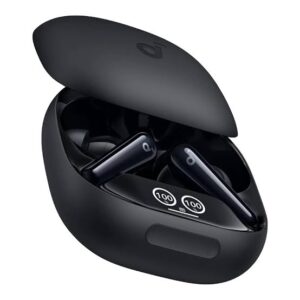 Black wireless earbuds in an open charging case with battery indicators showing 100%.