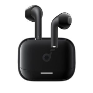 Black wireless earbuds resting on a black charging case, with the earbuds positioned on either side of the case.