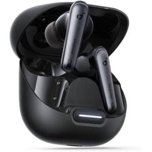 Open black wireless earbud charging case with two in-ear headphones seated inside and a small LED indicator on the front.